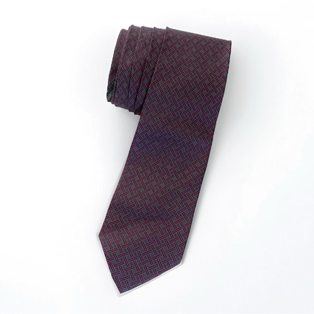 VALENTINO CRAVATTE BLACK MAROON DARK PURPLE CROSSHATCH PRINT SILK NECK TIE